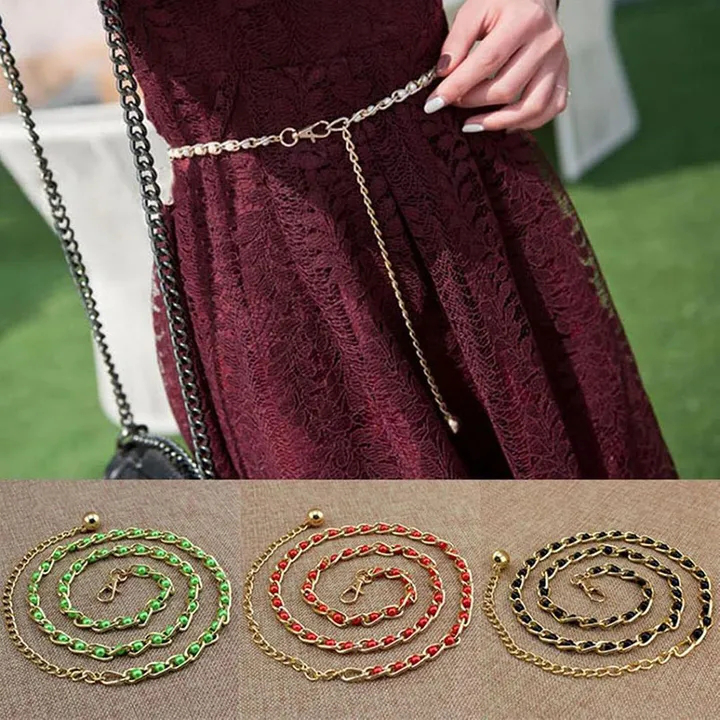 New Arrivals Women's Decoration Waist Chain, Candy Color Adjustable Pearl Beads Metal Thin Waist Belts Slim Chain Belt Dress Accessories