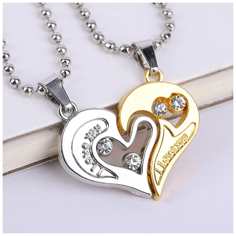 2Pcs/Set Couple Heart Shape I Love You Pendant Necklace Lovers Couples Jewelry Valentine's Gift，Fashion Couple Necklace Jewelry Unisex Lovers Couples Necklaces & Pendants Gold+silver,As picture