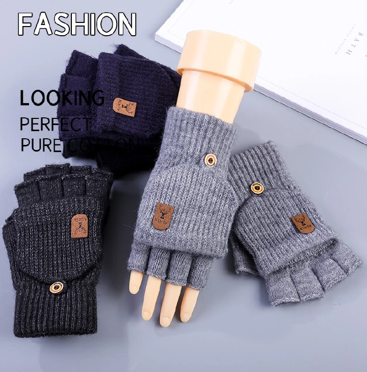 Knitted winter plus outdoor cycling touch screen gloves Men's half finger gloves Winter knitted wool exposed finger students write warm office Korean version handsome fleece scratch