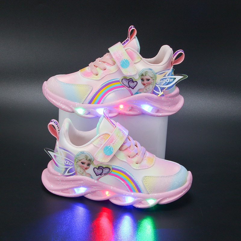 New Elsa Princess Shoes Breathable Sneakers Soft Sole Children's Girls' Shoes Glow Girls' Sports Shoes with Lights for Kids