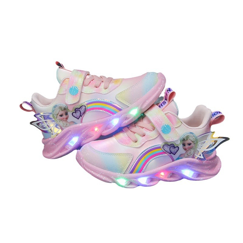New Elsa Princess Shoes Breathable Sneakers Soft Sole Children's Girls' Shoes Glow Girls' Sports Shoes with Lights for Kids