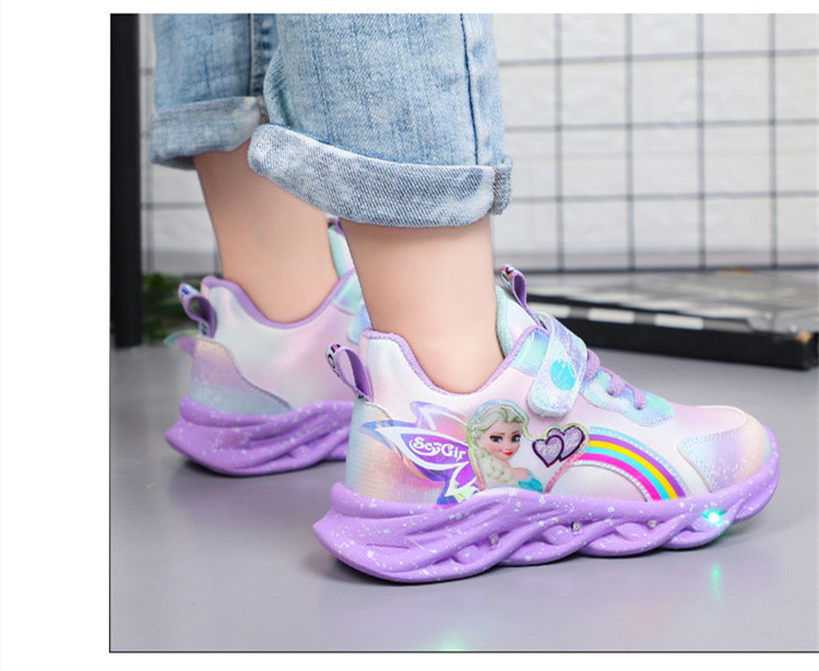 New Elsa Princess Shoes Breathable Sneakers Soft Sole Children's Girls' Shoes Glow Girls' Sports Shoes with Lights for Kids
