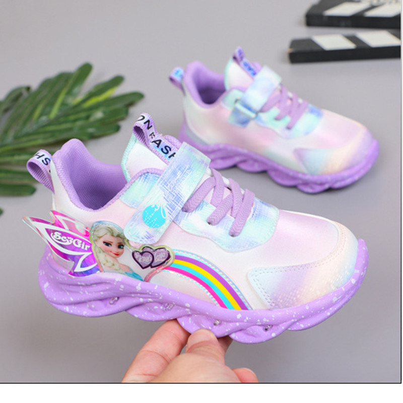 New Elsa Princess Shoes Breathable Sneakers Soft Sole Children's Girls' Shoes Glow Girls' Sports Shoes with Lights for Kids