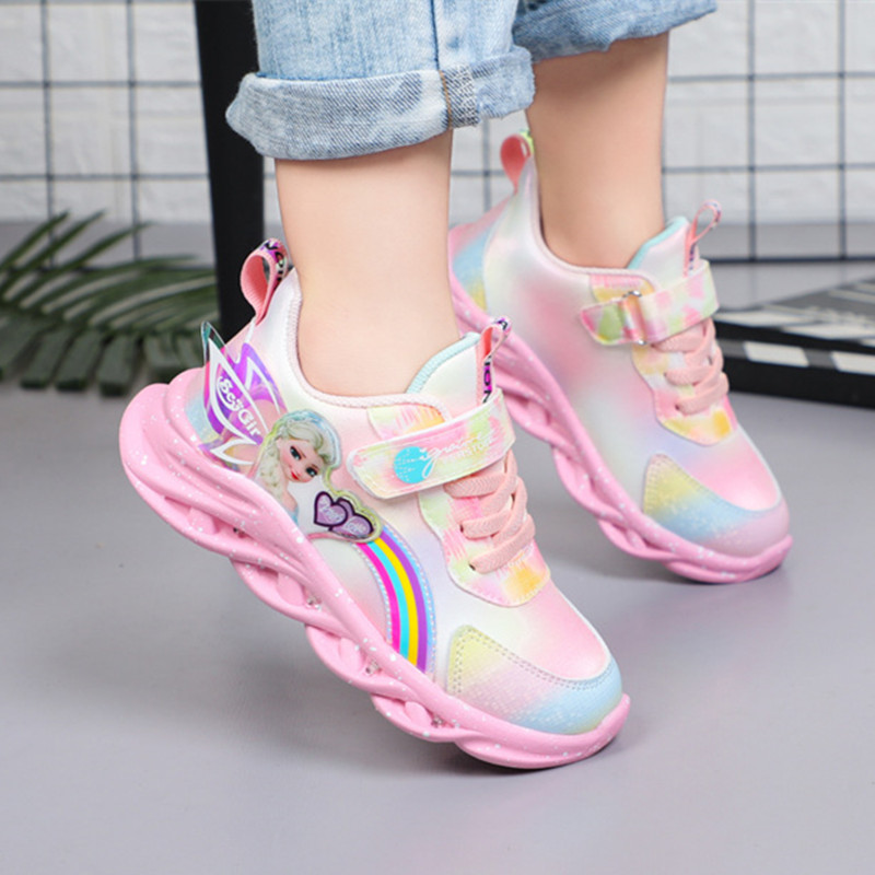 New Elsa Princess Shoes Breathable Sneakers Soft Sole Children's Girls' Shoes Glow Girls' Sports Shoes with Lights for Kids