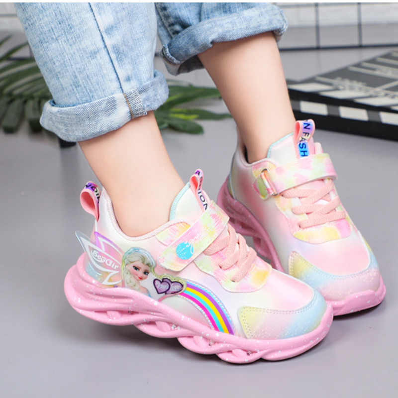 New Elsa Princess Shoes Breathable Sneakers Soft Sole Children's Girls' Shoes Glow Girls' Sports Shoes with Lights for Kids