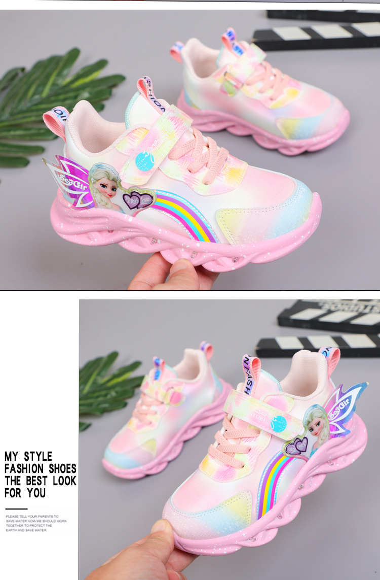 New Elsa Princess Shoes Breathable Sneakers Soft Sole Children's Girls' Shoes Glow Girls' Sports Shoes with Lights for Kids