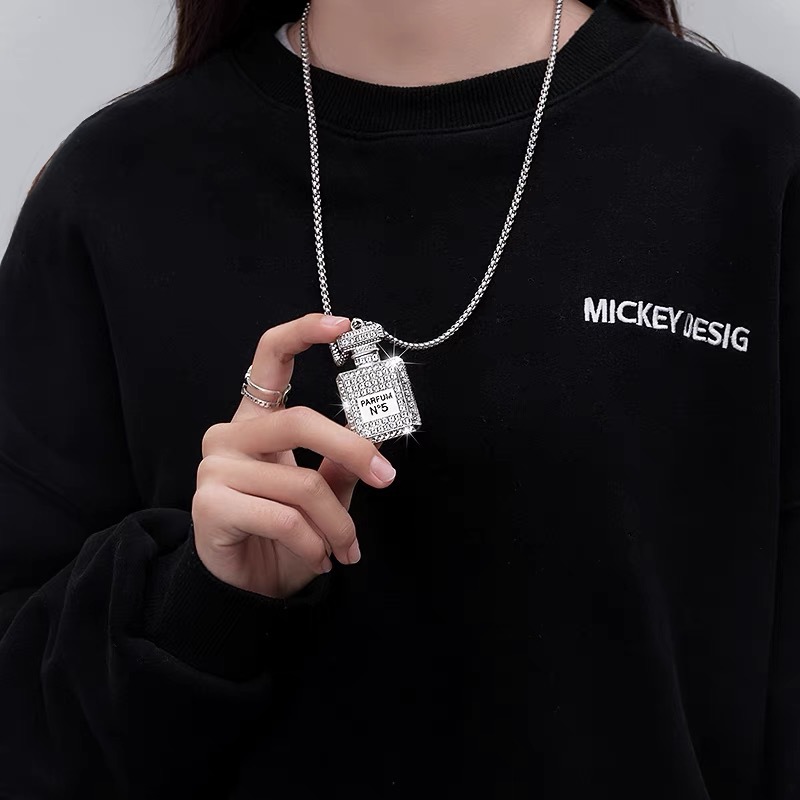 Full Of Rhinestones Small Fragrance Necklace Female Net Red Perfume Bottle Pendant Personality Long Sweater Chain Simple Fashion Pendant Accessories