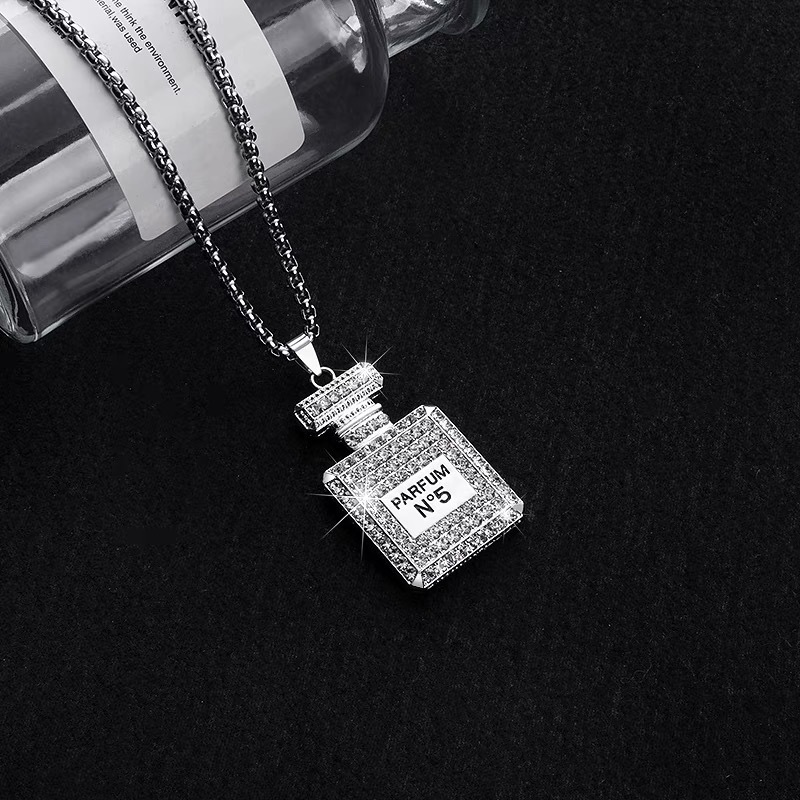 Full Of Rhinestones Small Fragrance Necklace Female Net Red Perfume Bottle Pendant Personality Long Sweater Chain Simple Fashion Pendant Accessories