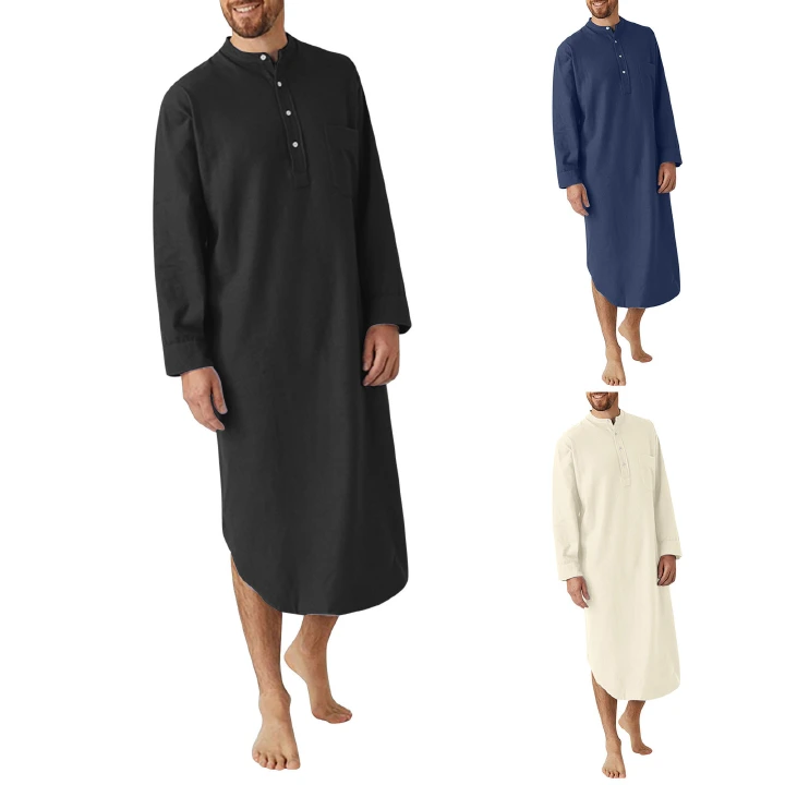 Mens Abaya Thobe Henley Gown Shirts Cotton Kenya Long Sleeve Kaftan Robe Ramadan Muslim Dress Caftan Gown