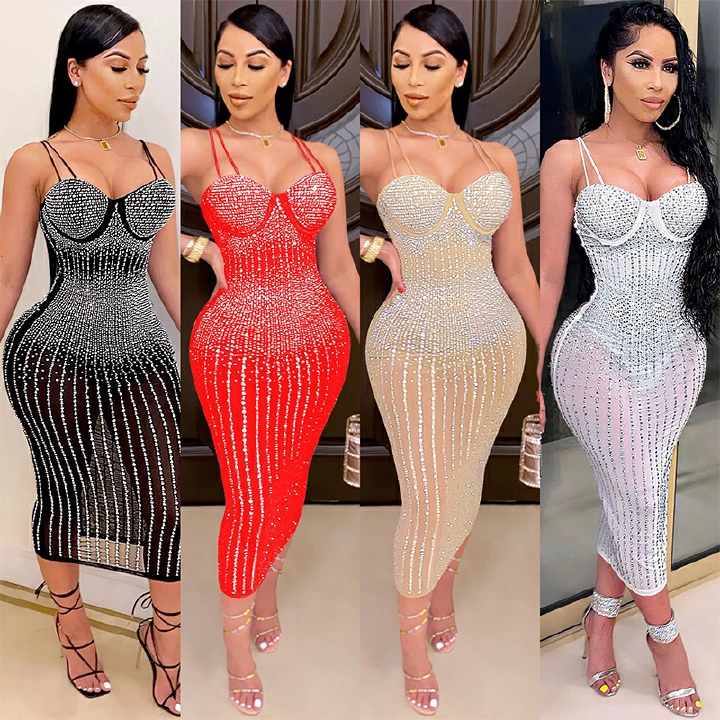 European and American fashion women's clothing Party nightclub mesh perspective hot and diamond-studded suspender dress