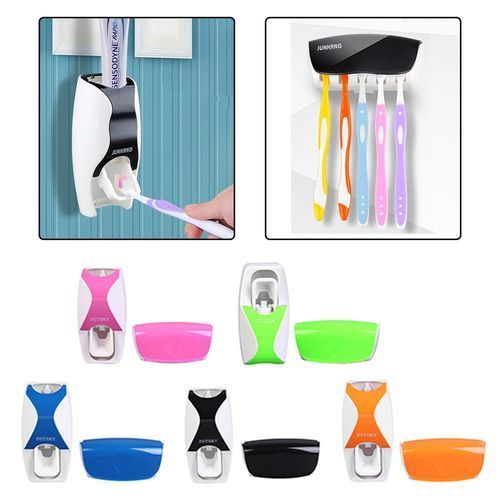 Toothpaste Dispenser plus Toothbrush Holder Set, Can hold 5 Toothbrushes- Assorted Colours