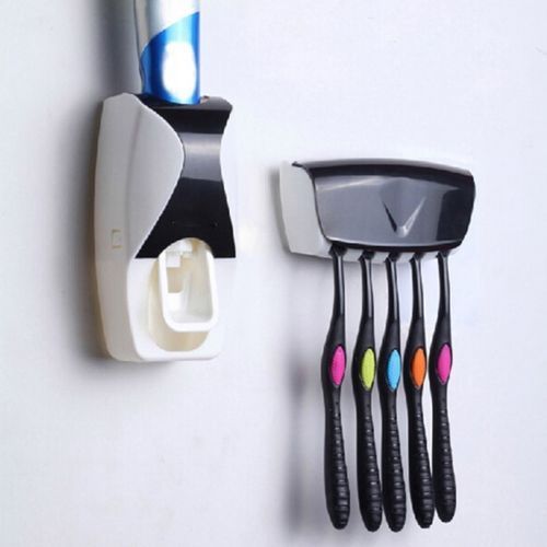 Toothpaste Dispenser plus Toothbrush Holder Set, Can hold 5 Toothbrushes- Assorted Colours