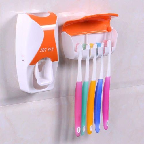 Toothpaste Dispenser plus Toothbrush Holder Set, Can hold 5 Toothbrushes- Assorted Colours