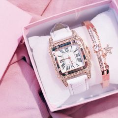 Women Square Diamond Bracelet Watches Set Ladies Leather Band Quartz Wristwatches Female Clock white one size