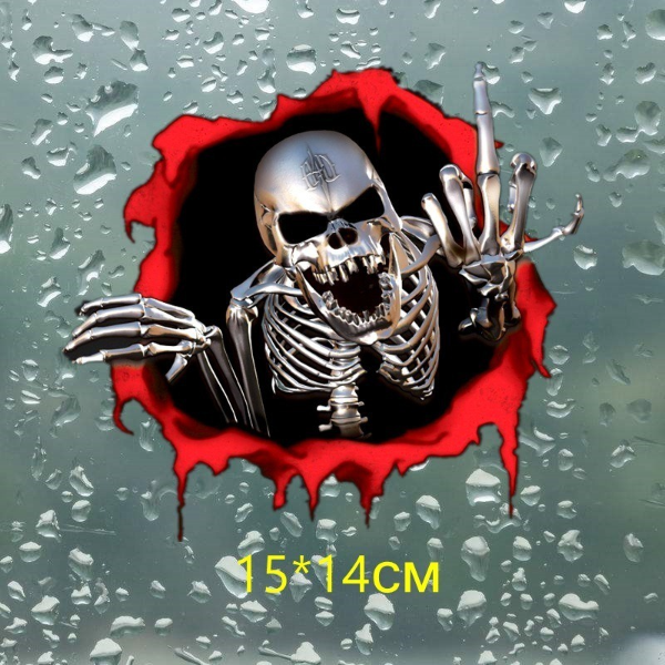 15*14cm 3D Skeleton Skull In The Bullet Hole Car Stickers Funny Colorful Car Stickers Scary  Paint, Body & Trim