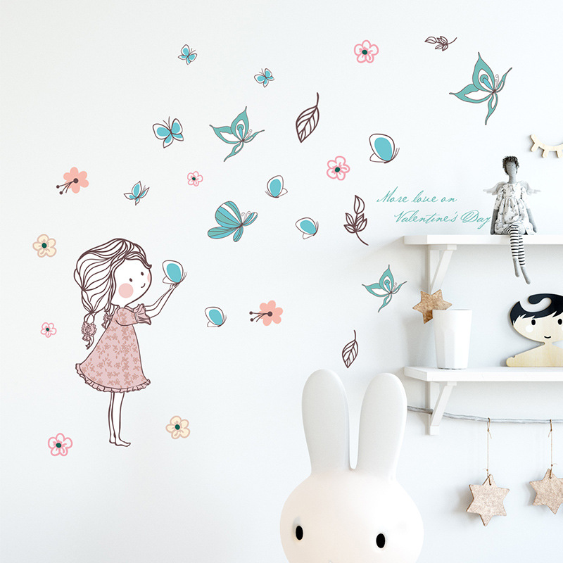 Flying butterfly girl wall stickers bedroom Girls room home decoration  Home Decor