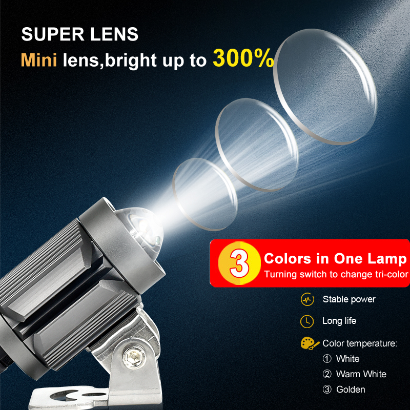 1 pcs LED Motorcycle Headlight Tri-Color Projector Bi Lens Moto Bike Mini Lights &amp; Lighting Accessories
