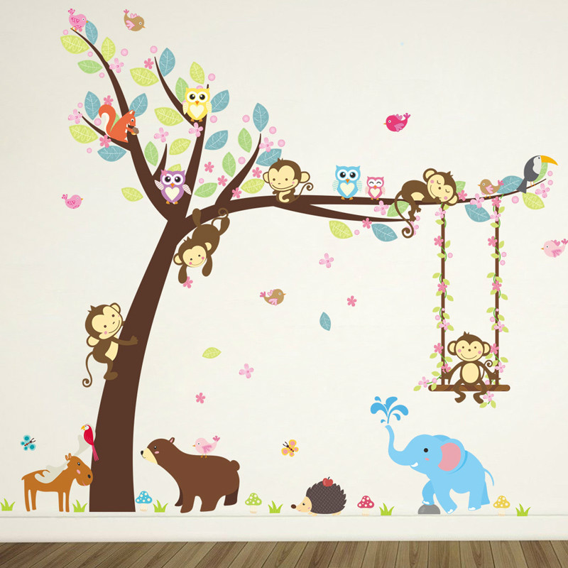 Forest Animals wall sticker Monkey Bear Tree for kids room Children Wall Home Decor