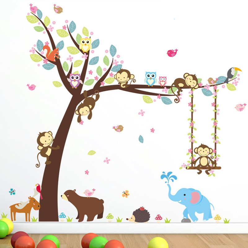 Forest Animals wall sticker Monkey Bear Tree for kids room Children Wall Home Decor