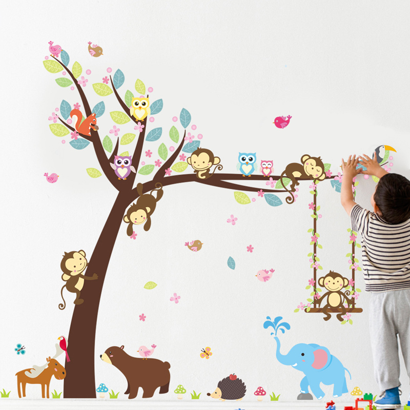 Forest Animals wall sticker Monkey Bear Tree for kids room Children Wall Home Decor