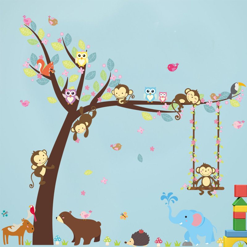 Forest Animals wall sticker Monkey Bear Tree for kids room Children Wall Home Decor