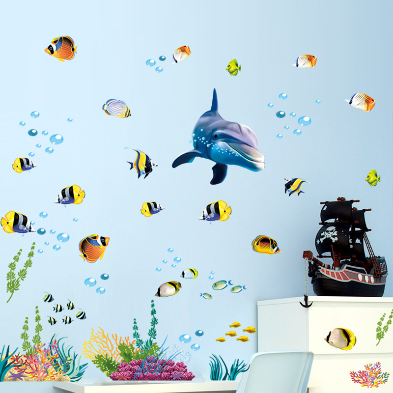 Dolphin Fish Aquarium Ocean Wall Stickers For Kids Rooms Bathroom Kitchen Home Decor
