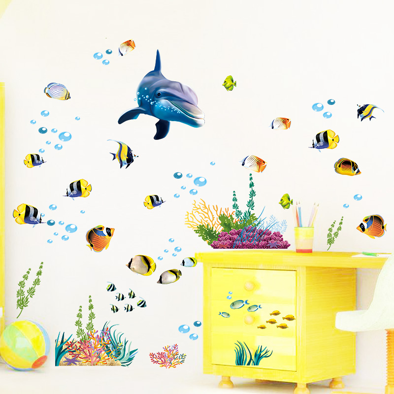 Dolphin Fish Aquarium Ocean Wall Stickers For Kids Rooms Bathroom Kitchen Home Decor