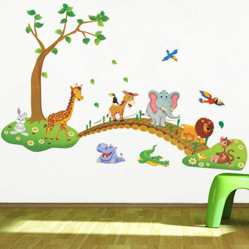 3D Cartoon Jungle wild animal tree bridge lion Giraffe elephant birds  Home Decor