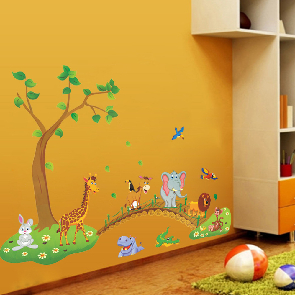 3D Cartoon Jungle wild animal tree bridge lion Giraffe elephant birds  Home Decor