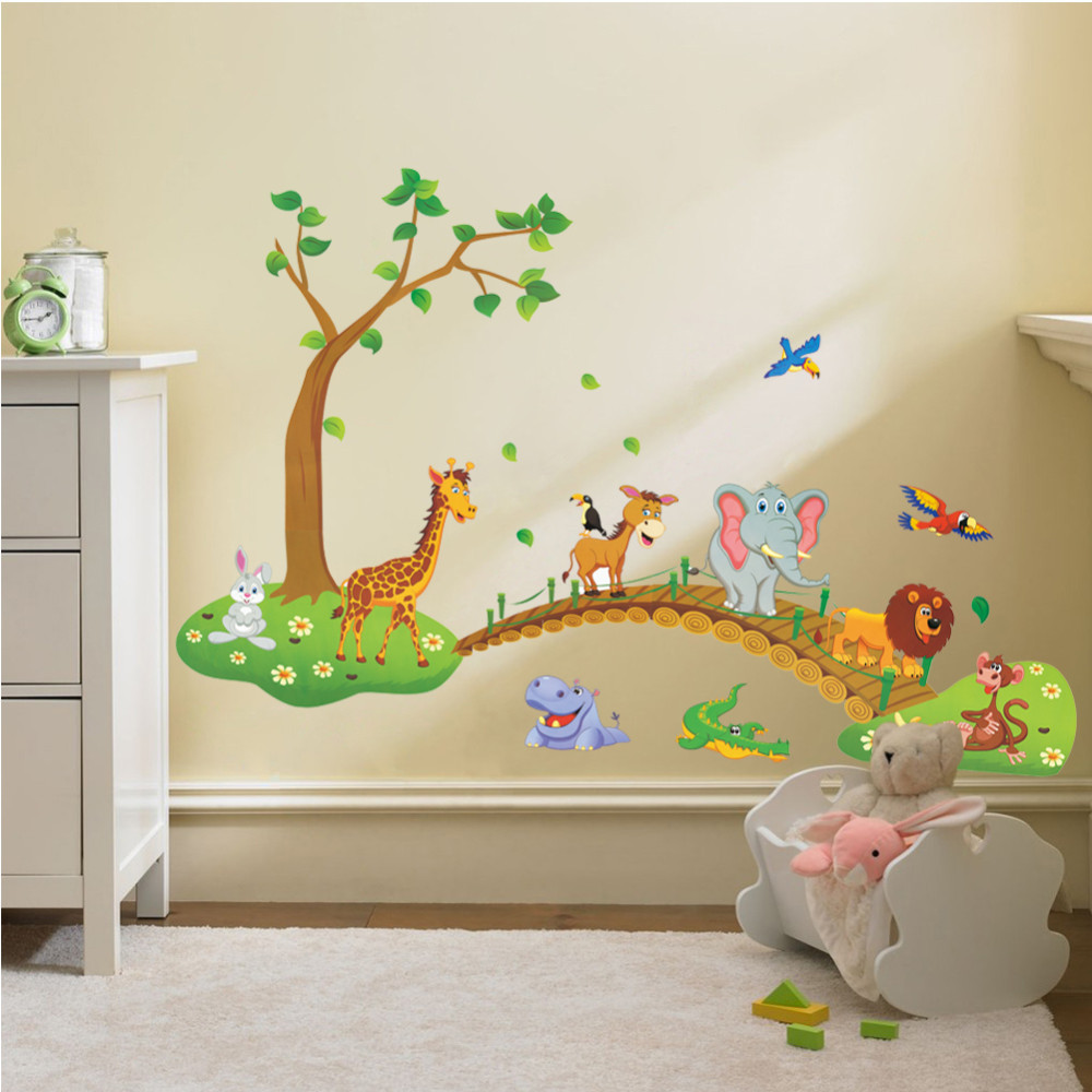 3D Cartoon Jungle wild animal tree bridge lion Giraffe elephant birds  Home Decor