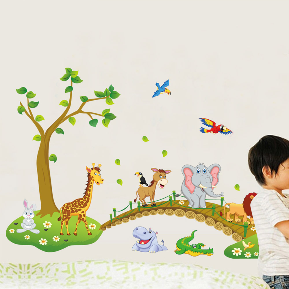 3D Cartoon Jungle wild animal tree bridge lion Giraffe elephant birds  Home Decor