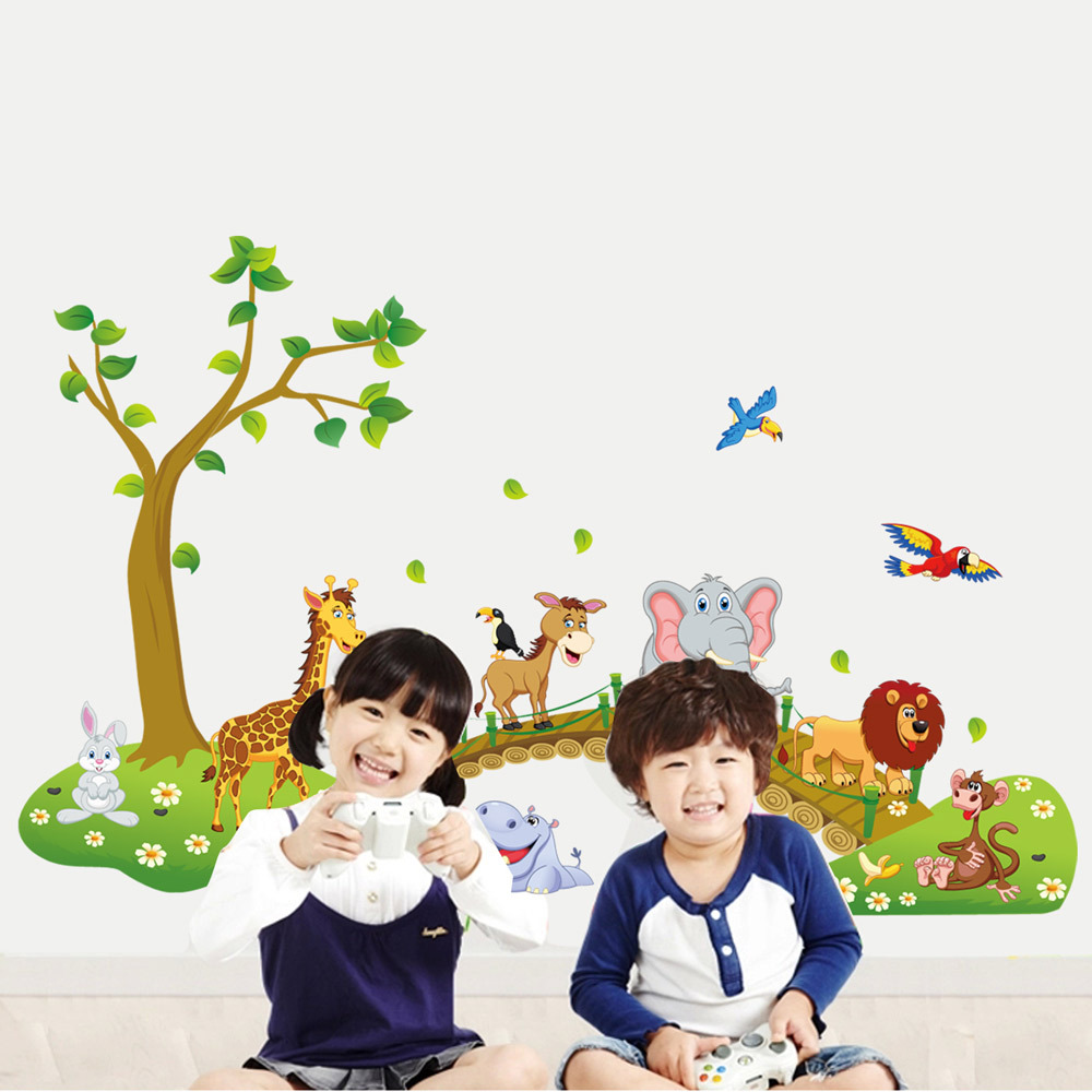 3D Cartoon Jungle wild animal tree bridge lion Giraffe elephant birds  Home Decor