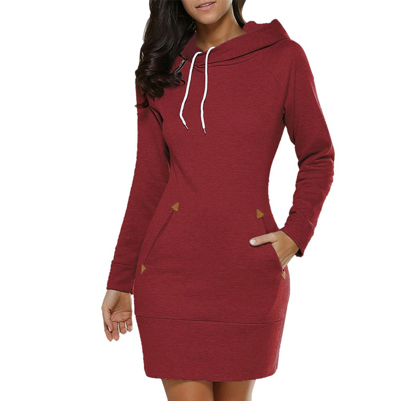 2021 Spring And Autumn Ladies Knee-Length Dress Hooded Warm Sweatshirt Long Sleeve Camp Collar Skirts