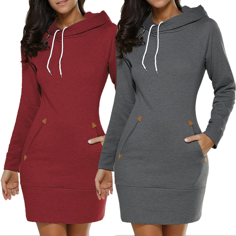 2021 Spring And Autumn Ladies Knee-Length Dress Hooded Warm Sweatshirt Long Sleeve Camp Collar Skirts