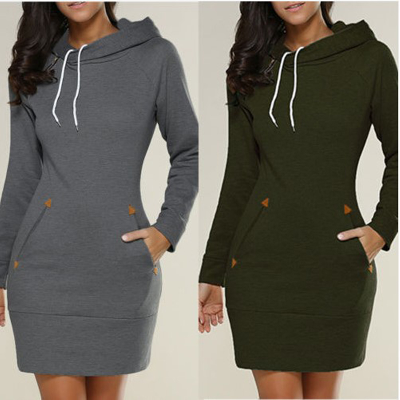 2021 Spring And Autumn Ladies Knee-Length Dress Hooded Warm Sweatshirt Long Sleeve Camp Collar Skirts