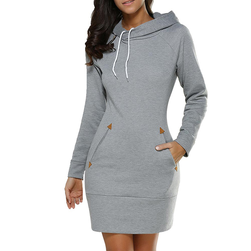 2021 Spring And Autumn Ladies Knee-Length Dress Hooded Warm Sweatshirt Long Sleeve Camp Collar Skirts