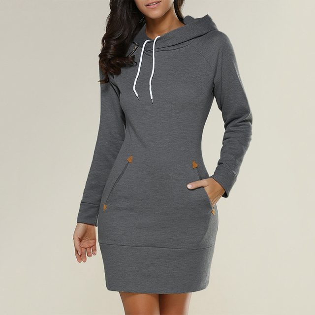 2021 Spring And Autumn Ladies Knee-Length Dress Hooded Warm Sweatshirt Long Sleeve Camp Collar Skirts