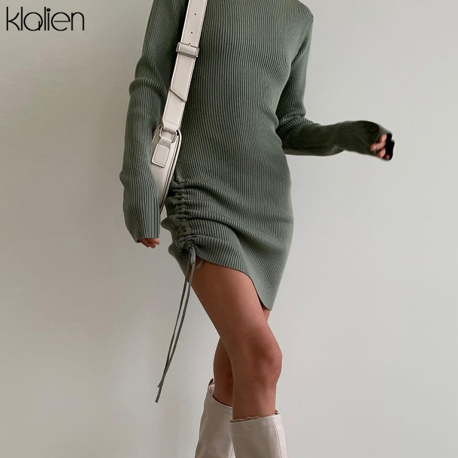 KLALIEN Autumn New Sweater Dress Women Long Sleeve Turtleneck Knit Solid Slim Drawstring Bodycon Skirts