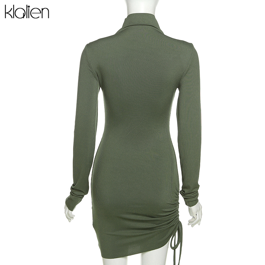 KLALIEN Autumn New Sweater Dress Women Long Sleeve Turtleneck Knit Solid Slim Drawstring Bodycon Skirts