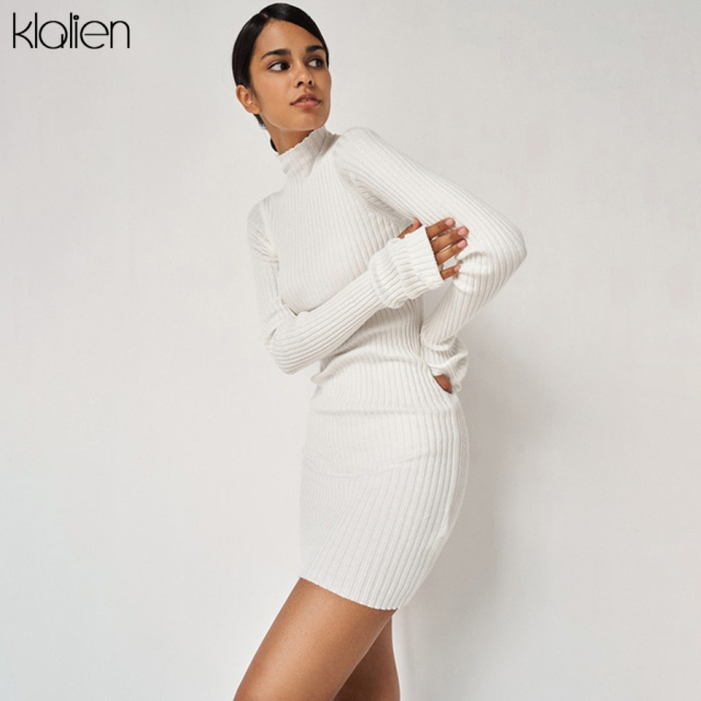 KLALIEN Autumn New Sweater Dress Women Long Sleeve Turtleneck Knit Solid Slim Drawstring Bodycon Skirts