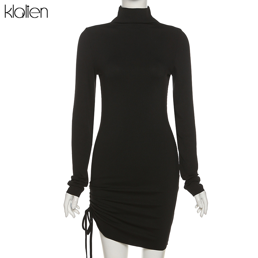 KLALIEN Autumn New Sweater Dress Women Long Sleeve Turtleneck Knit Solid Slim Drawstring Bodycon Skirts