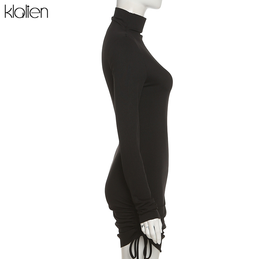 KLALIEN Autumn New Sweater Dress Women Long Sleeve Turtleneck Knit Solid Slim Drawstring Bodycon Skirts