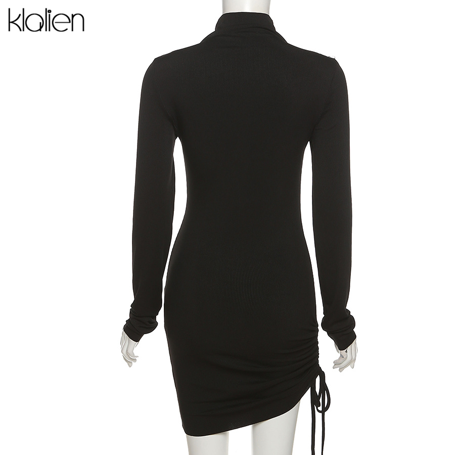 KLALIEN Autumn New Sweater Dress Women Long Sleeve Turtleneck Knit Solid Slim Drawstring Bodycon Skirts