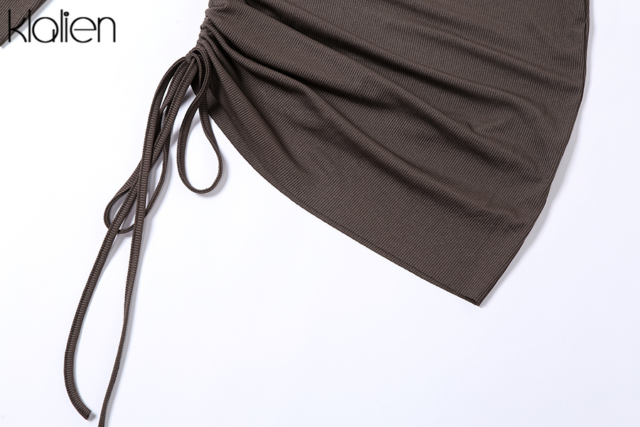 KLALIEN Autumn New Sweater Dress Women Long Sleeve Turtleneck Knit Solid Slim Drawstring Bodycon Skirts