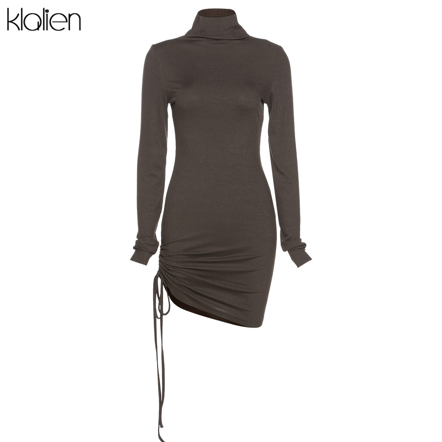 KLALIEN Autumn New Sweater Dress Women Long Sleeve Turtleneck Knit Solid Slim Drawstring Bodycon Skirts