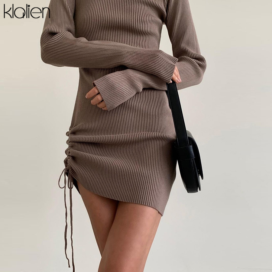 KLALIEN Autumn New Sweater Dress Women Long Sleeve Turtleneck Knit Solid Slim Drawstring Bodycon Skirts