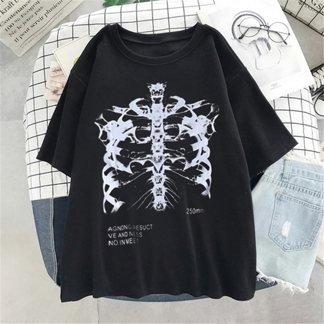 Heart and Lung Print Women T-shirt  Cartoon Female T-shirt Dark Skull Bones Tops