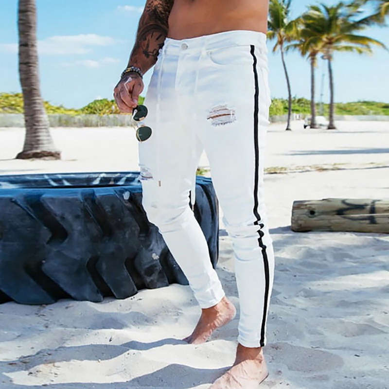 Men's Skinny Jeans Hole Ripped  Fashion Jeans Slim Big Size The Side Stripe White Jeans Jeans Skinny Trousers