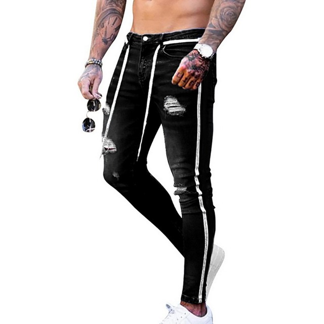 Men's Skinny Jeans Hole Ripped  Fashion Jeans Slim Big Size The Side Stripe White Jeans Jeans Skinny Trousers