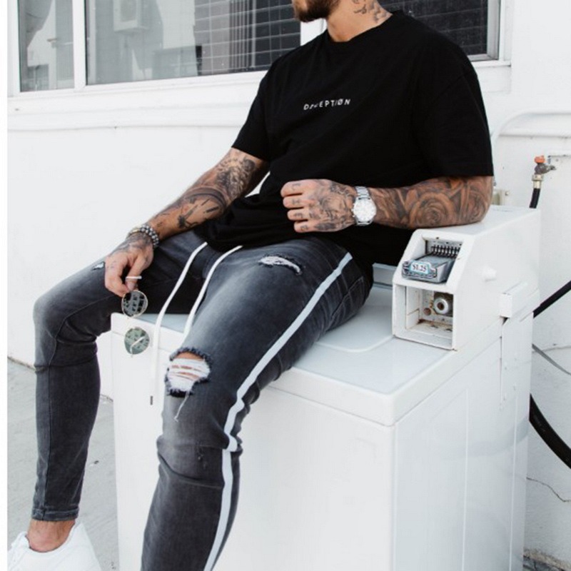 Men's Skinny Jeans Hole Ripped  Fashion Jeans Slim Big Size The Side Stripe White Jeans Jeans Skinny Trousers